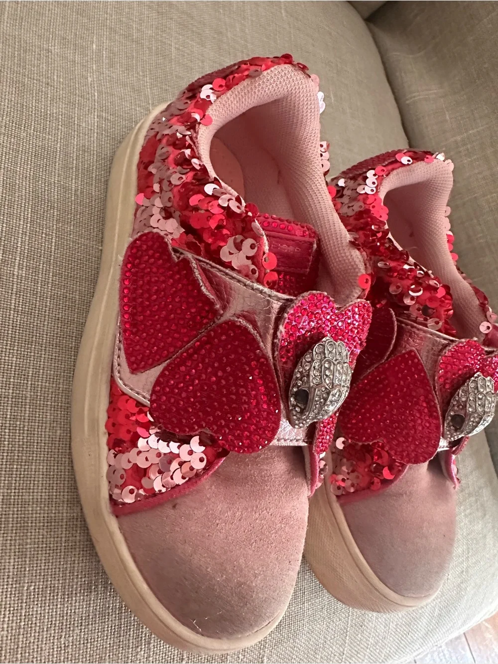 Kurt Geiger Girls Pink Sequin Heart Strap Sneakers